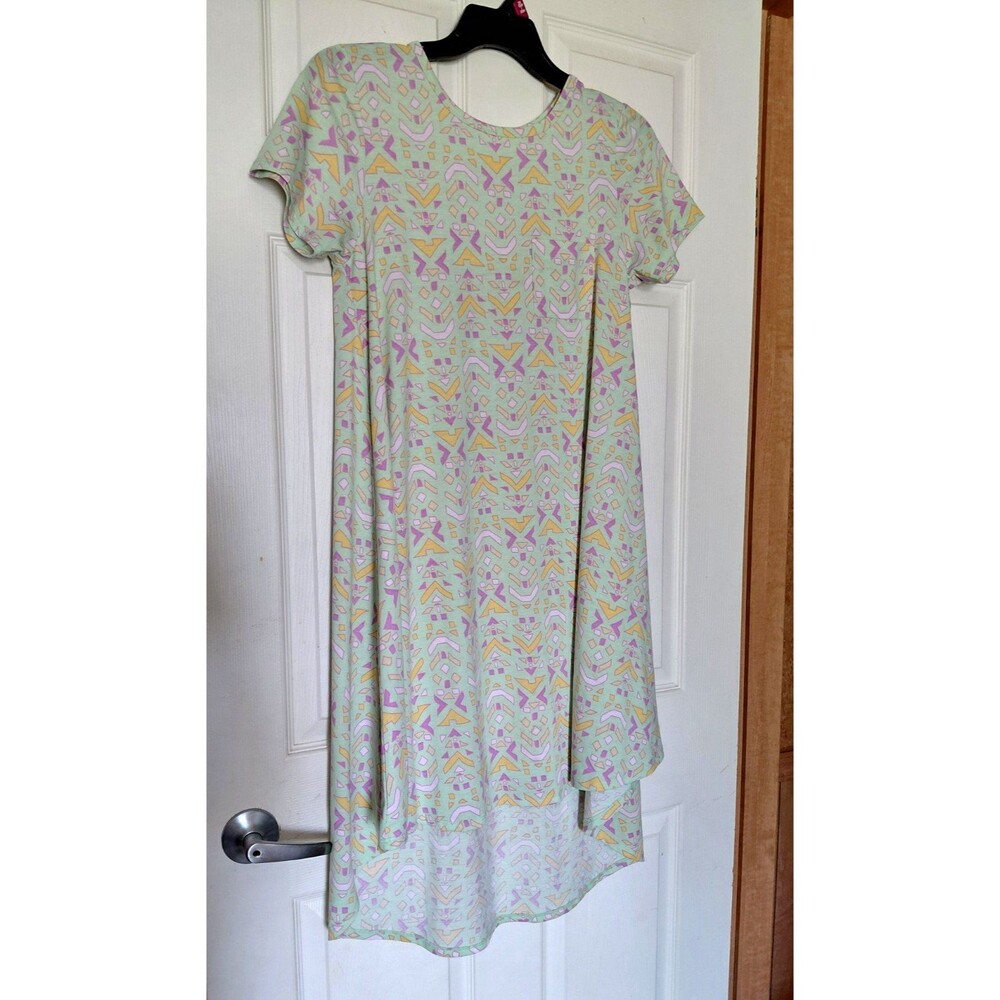 LuLaRoe Women's S Green Geometric Short Sleeve Round Neck A-Line Knit Dress